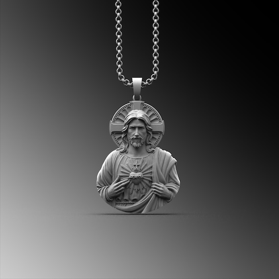 Collana Con Ciondolo Cuore Di Gesù E Croce In Argento 925 Con Zirconi Rossi - Gioiello Religioso Unisex - 5