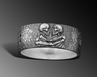 Mens Skeleton Sterling Silver Band Ring, Handmade Skull Wedding Ring