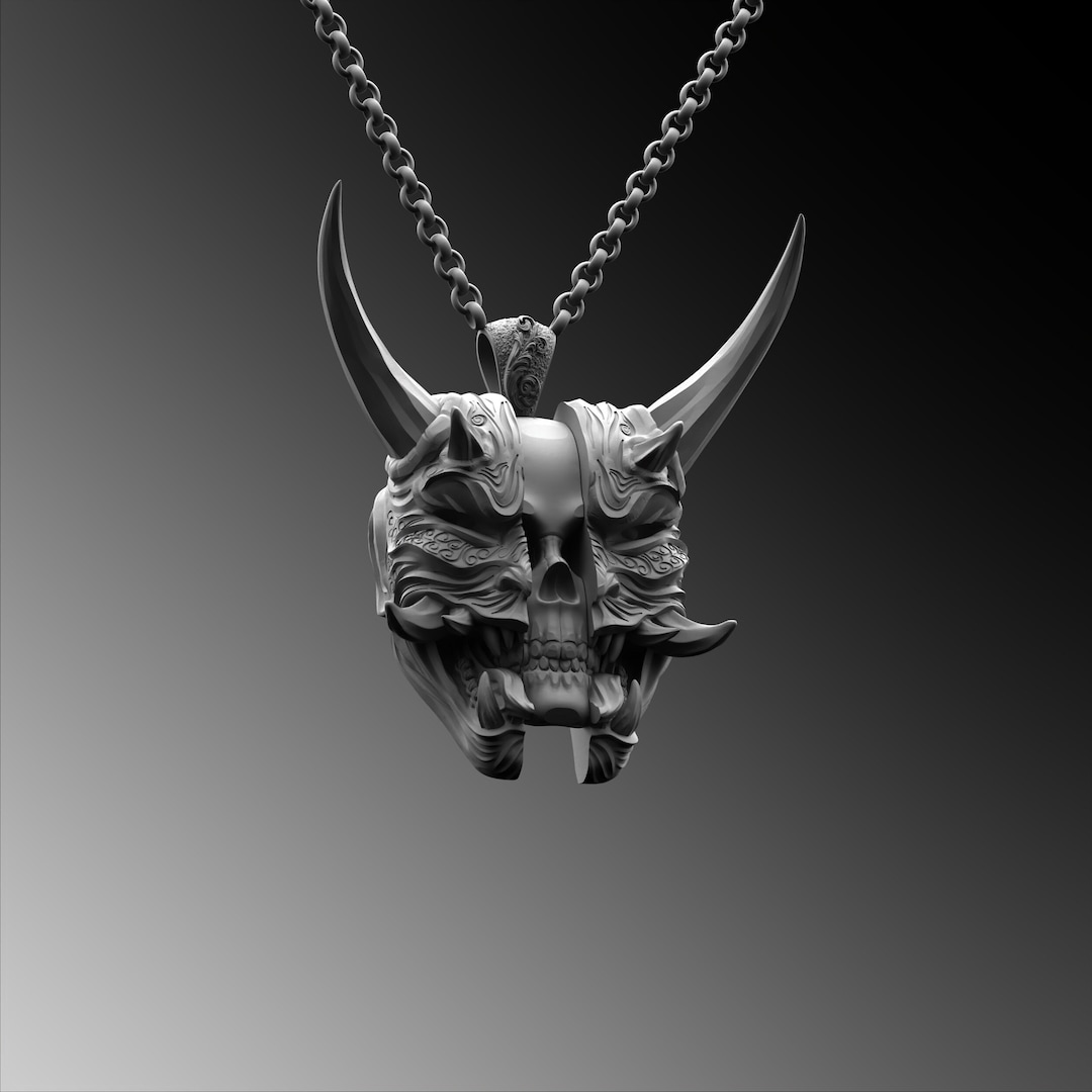 Samurai Skull Mask Necklace for Man Oni Mask Pendant Silver Samurai