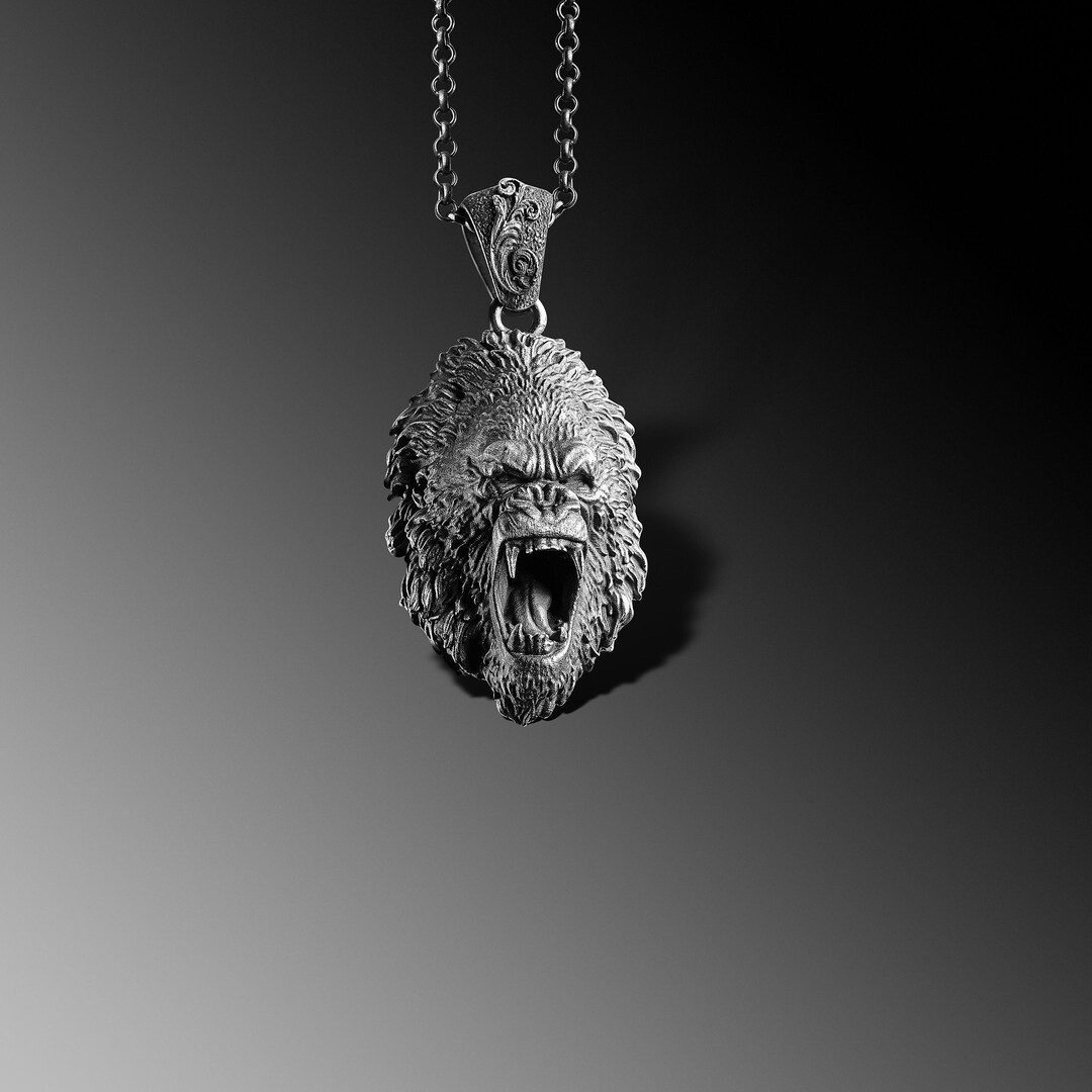 Gorilla Head Pendant Silver Necklace for Man Gorilla Ape Head Pendant ...