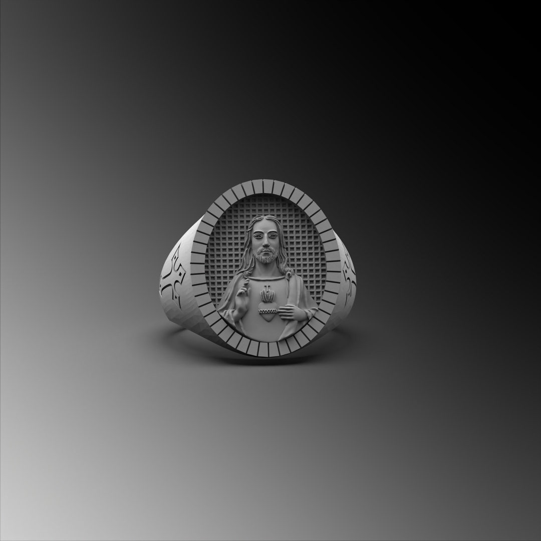 Jesus With Sacred Heart Silver Men Ring, Silver Savior Jesus Ring ...