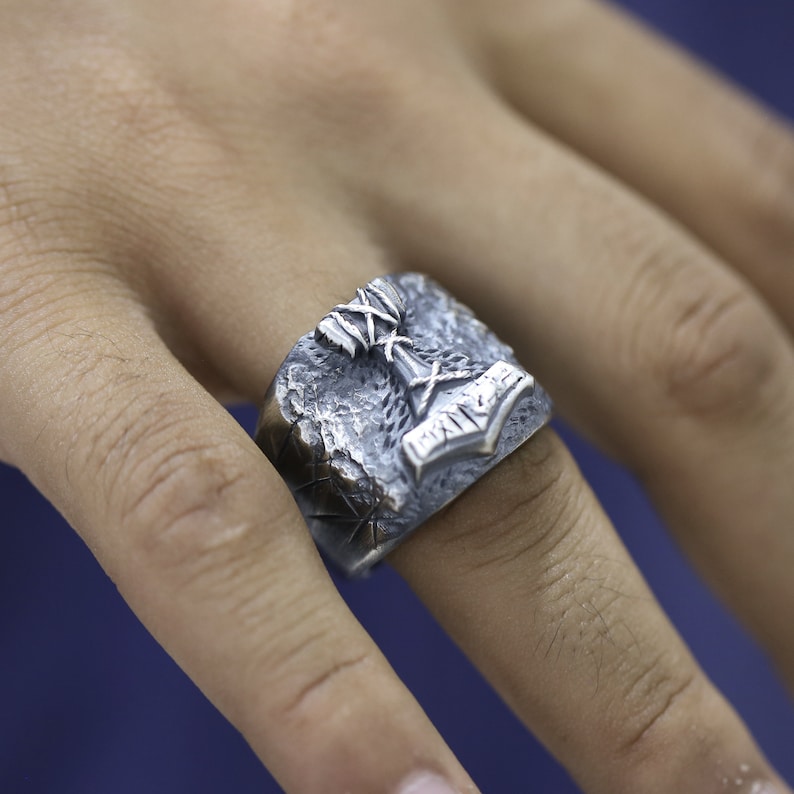 Mens Viking Ring Silver Mjolnir Ring Unique Viking Ring Etsy