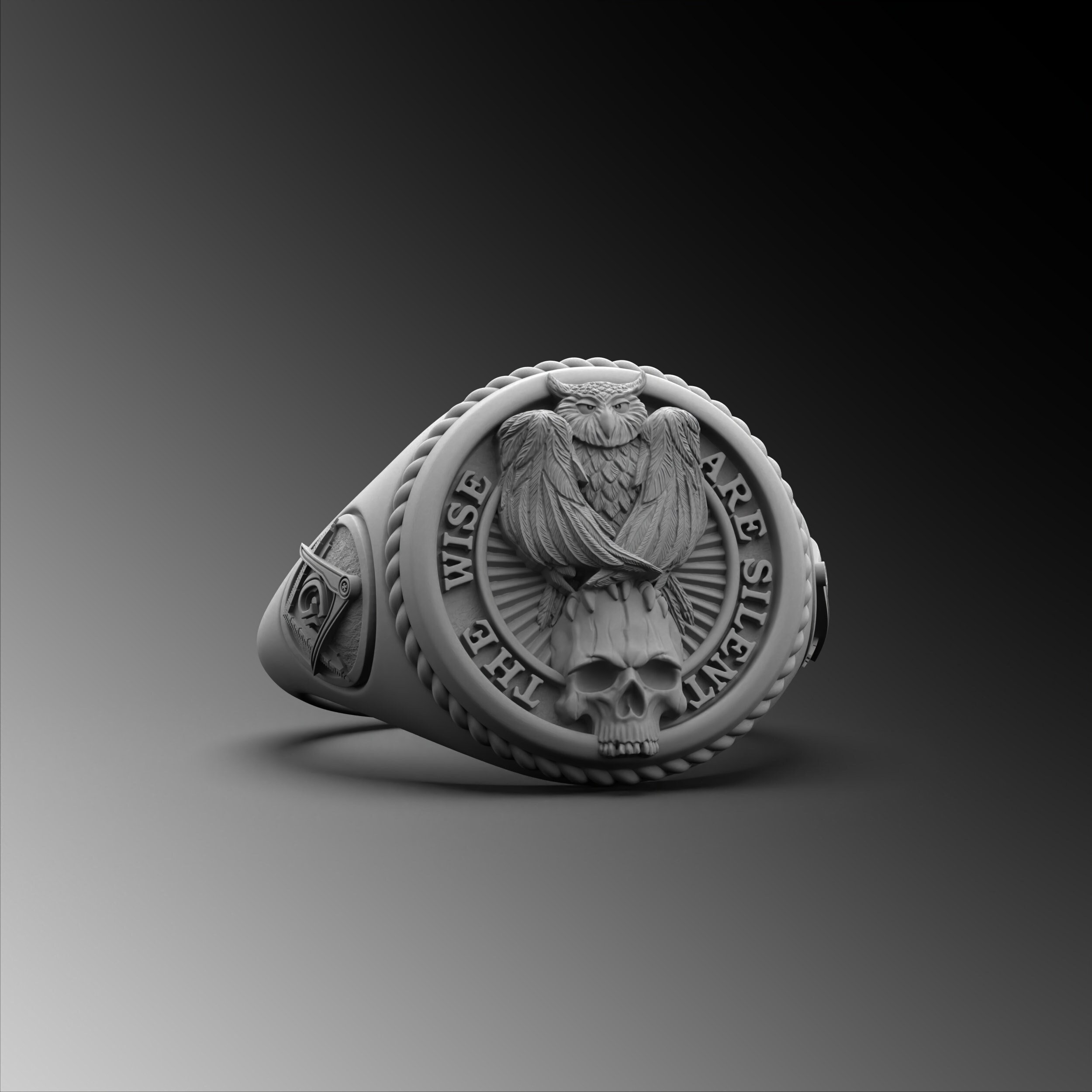 Oxidized Sterling Silver Owl Ring, Freemason Masonic Signet