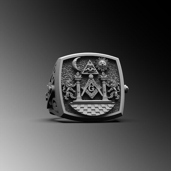 Mens Masonic Ring Unique Signet Rings for Men Oxidized Silver