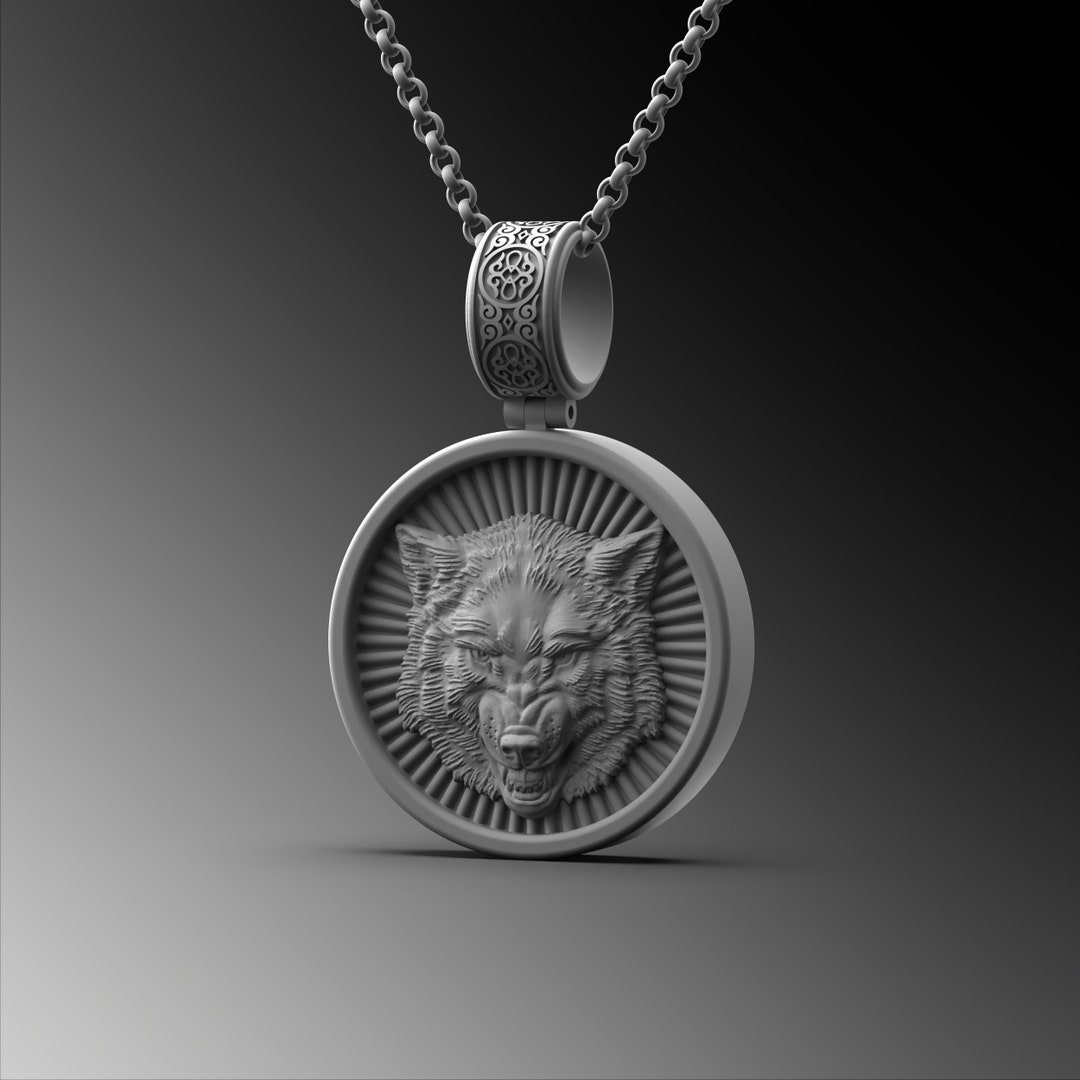 Silver Wolf Medallion Mens Wolf Pendant for Man Sterling Silver Wolf