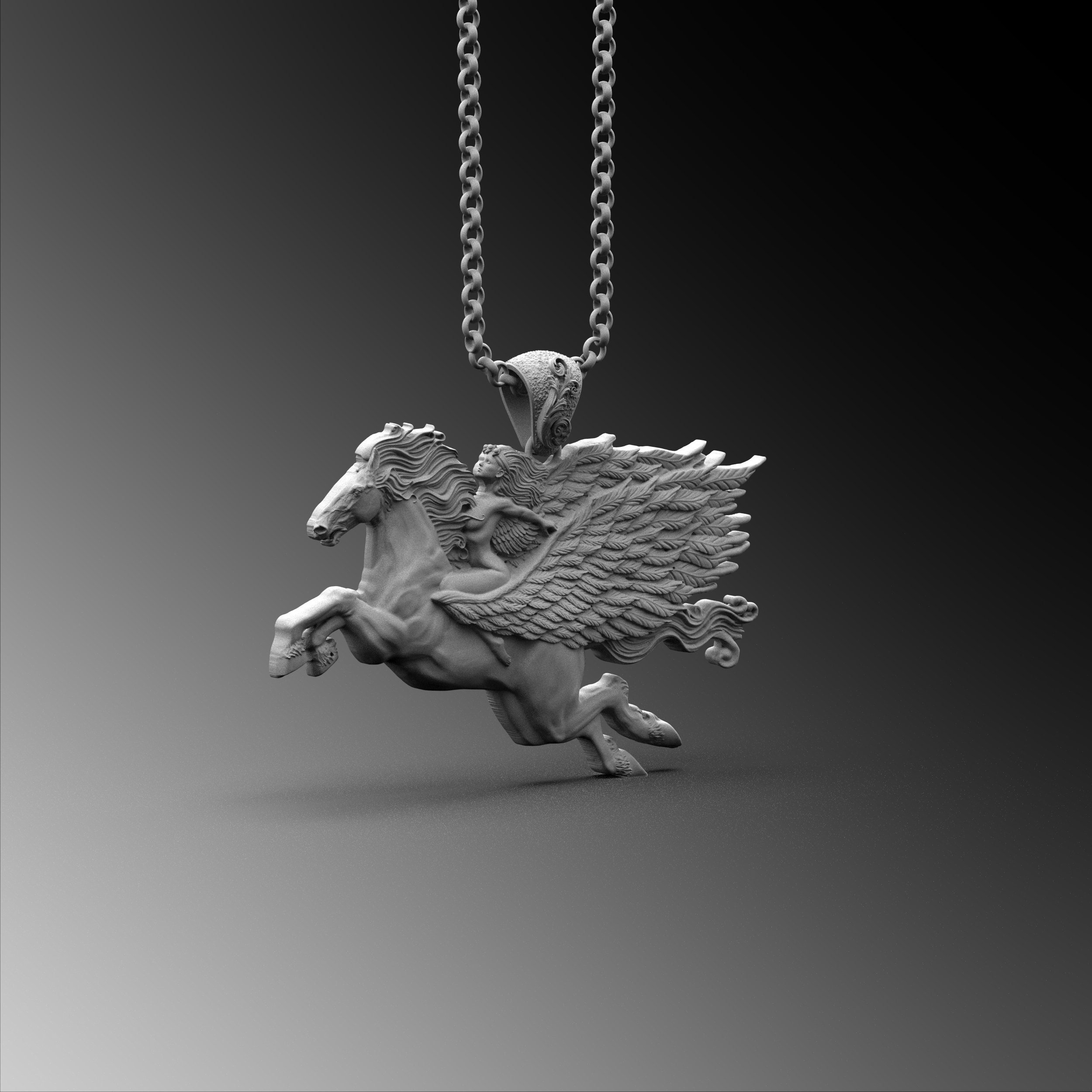 Collana Ciondolo Pegaso Cavallo Alato In Acciaio Inox 316L – Argento, Dimensioni 25x33 Mm, Catena 56 Cm Opzionale