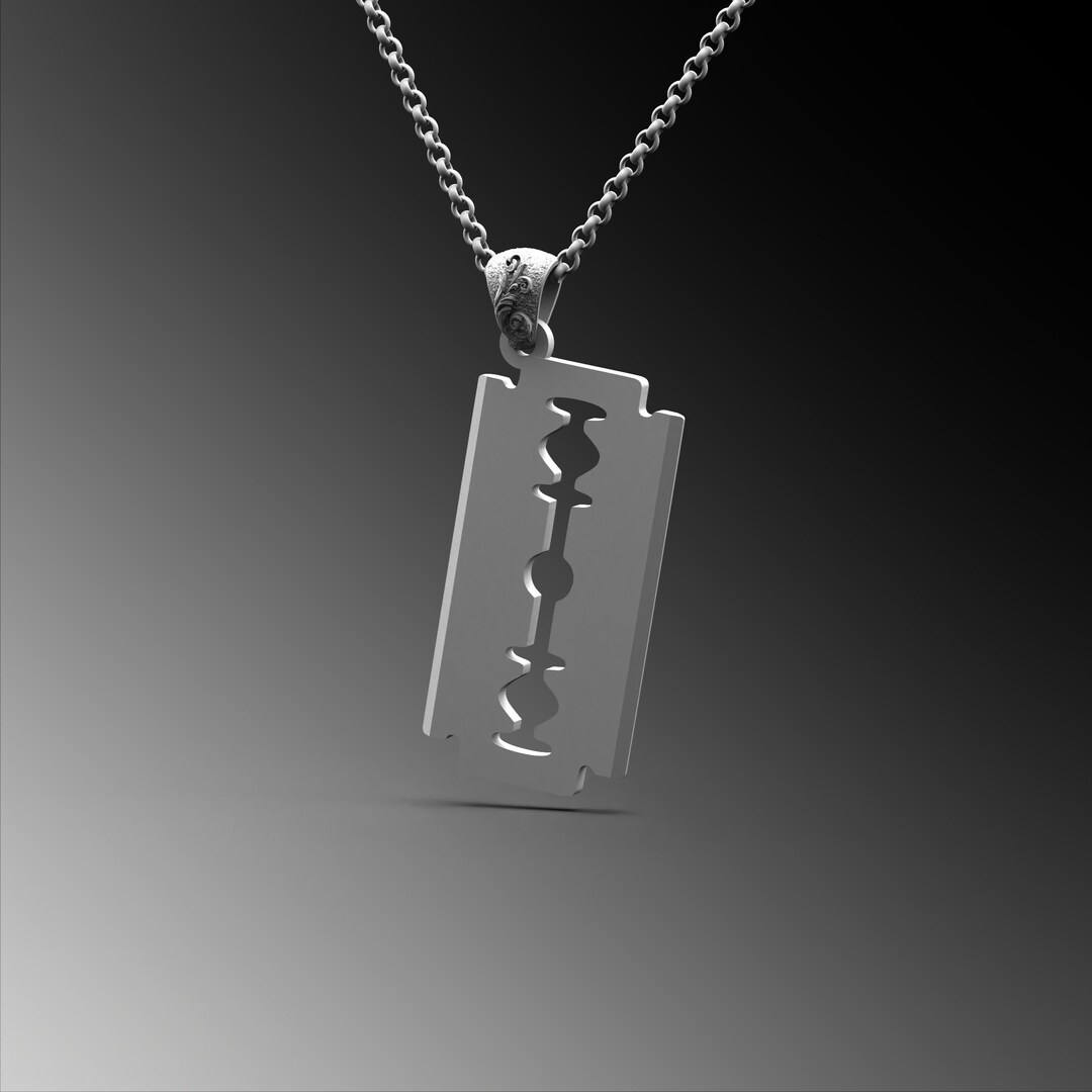 Sterling Silver Razor Blade Pendant Gothic Biker Razor Necklace Mens