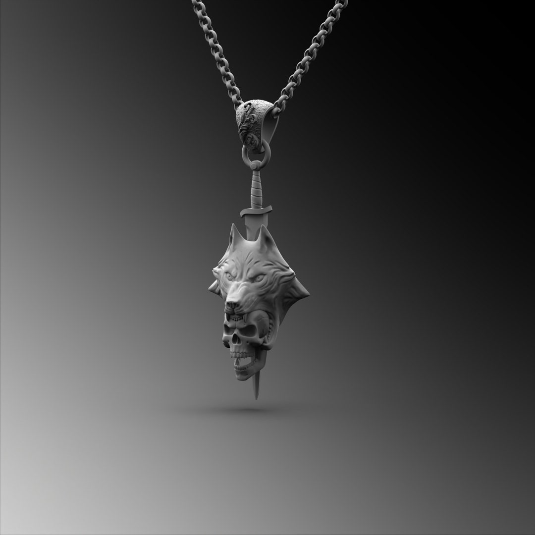 Silver Wolf Skull Medallion Mens Wolf Pendant Man Sterling Etsy