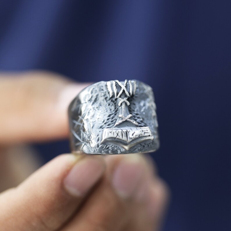 Mens Viking Ring Silver Mjolnir Ring Unique Viking Ring Etsy