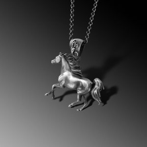 Puede incluir: Un collar con un colgante de plata en forma de caballo. El caballo est&aacute; en posici&oacute;n de alzada, con la cabeza girada hacia un lado. El colgante est&aacute; unido a una cadena de plata.