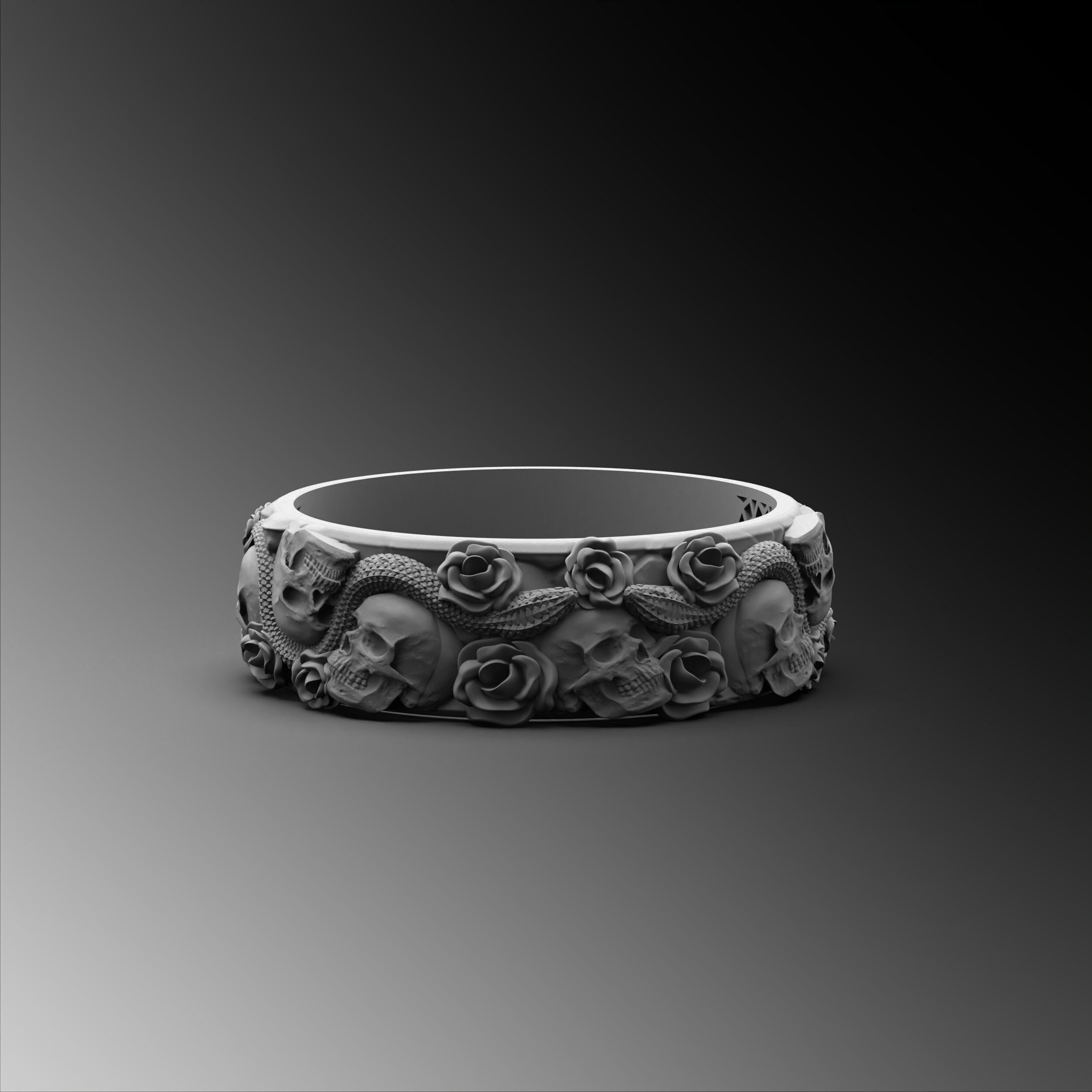 スカルフラワースネークスターリングシルバーリング、ゴシックバイカー