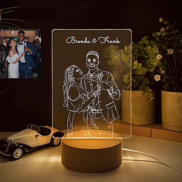 Custom LED photo night light, Personalized portrait illustration photo gifts, Laser engraved 3D lamp, Engagement wedding gifts for couple