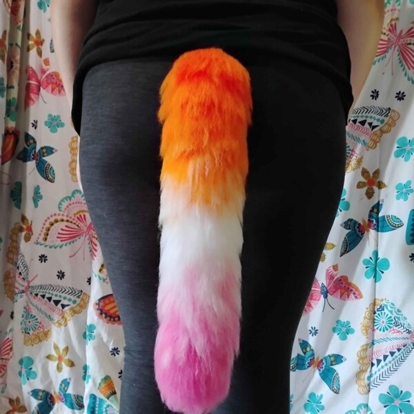 16” yarn tail handmade - furry tail, therian tail, Pink, white, orange, lesbian flag, pride, lgbtq+
