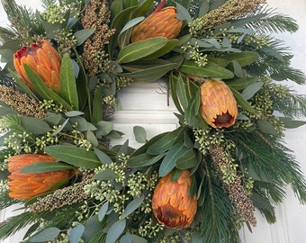 Fresh protea sorghum eucalyptus seeded Aussie pine wreath, orange flower wreath, thanksgiving wreath, Halloween wreath, fall wreath, winter