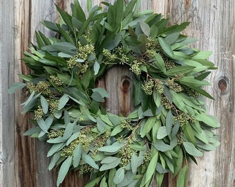 Fresh Bay Leaf Eucalyptus Seeded Wreath, Front Door Wreath,Wedding, Housewarming Gift, Fresh Wreath, Greenery Wreath