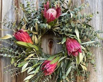 Fresh Pink Ice Protea, Baby Blue Eucalyptus, Olive Wreath, Protea Wreath, Flower Wreath, Door Wreath,Spring Wreath, Summer Wreath, Gift