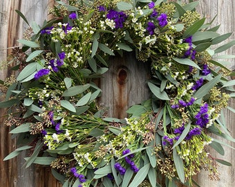 Fresh Eucalyptus Seeded Statice Wax Flower Wreath, Fresh Wreath, Purple Wreath, Spring Wreath, Wedding, Housewarming Gift