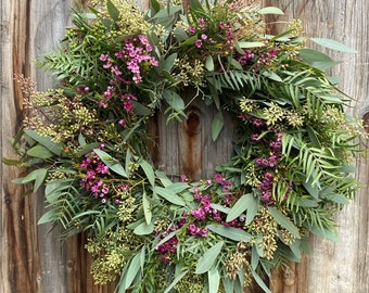 Fresh Eucalyptus Seeded Pepper Berry Wax Flower Wreath, Front Door Wreath, Fresh Flower Wreath, Wedding , Spring Wreath