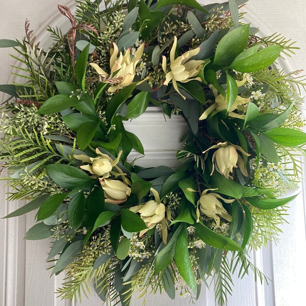 Fresh leucadendron grevillea Israeli ruscus seeded wreath, fresh flower wreath, spring wreath, wedding wreath , front door