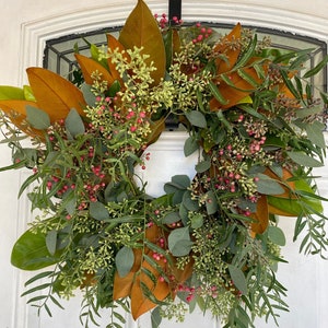 Fresh magnolia pepperberry seeded eucalyptus wreath, fall wreath , winter wreath, thanksgiving wreath, front door , real greenery wreath