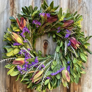 Fresh Leucadendron Statice Grevillea Green Pitt Wreath, Fresh Flower Wreath, Front Door Wreath, Wedding, Housewarming Gift