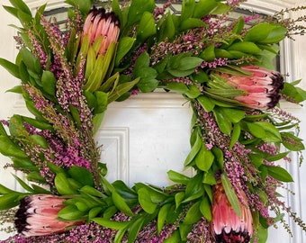 Fresh square protea Israeli Ruscus heather wreath, real flower wreath, front door wreath, Mother’s Day, Valentine’s Day, wedding wreath,