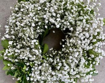 Fresh babys breath green pittosporum wreath, candle ring, wedding wreath, home decor, front door, babyshower wreath