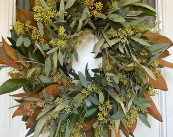 Fresh Magnolia Eucalyptus Seeded Olive Wreath, real greenery wreath, home decor, front door wreath, housewarming gift