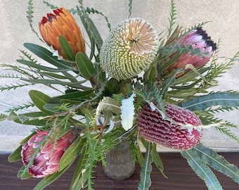 5 Fresh protea banksia mix stems, exotic flowers, wedding flowers, fall decor, thanksgiving flowers, haloween, orange pink flowers