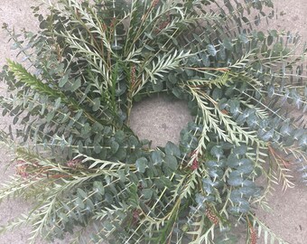 Fresh grevillea baby blue wreath, real greenery wreath, wedding wreath, holiday wreath, spring wreath, Christmas wreath, door wreath