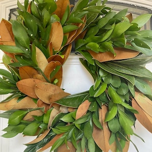 Fresh magnolia Ruscus wreath, real greenery wreath, front door wreath, thanksgiving wreath, Christmas