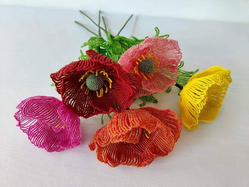 Flores de amapolas artificiales para jarrón, flores con cuentas francesas imagen 9