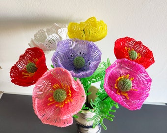 Flor de amapolas artificiales para florero, ramo de flores con cuentas francesas