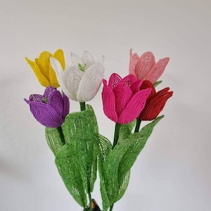 May include: A bouquet of five beaded tulips in a vase. The tulips are white, yellow, purple, pink, and red. The leaves are green.