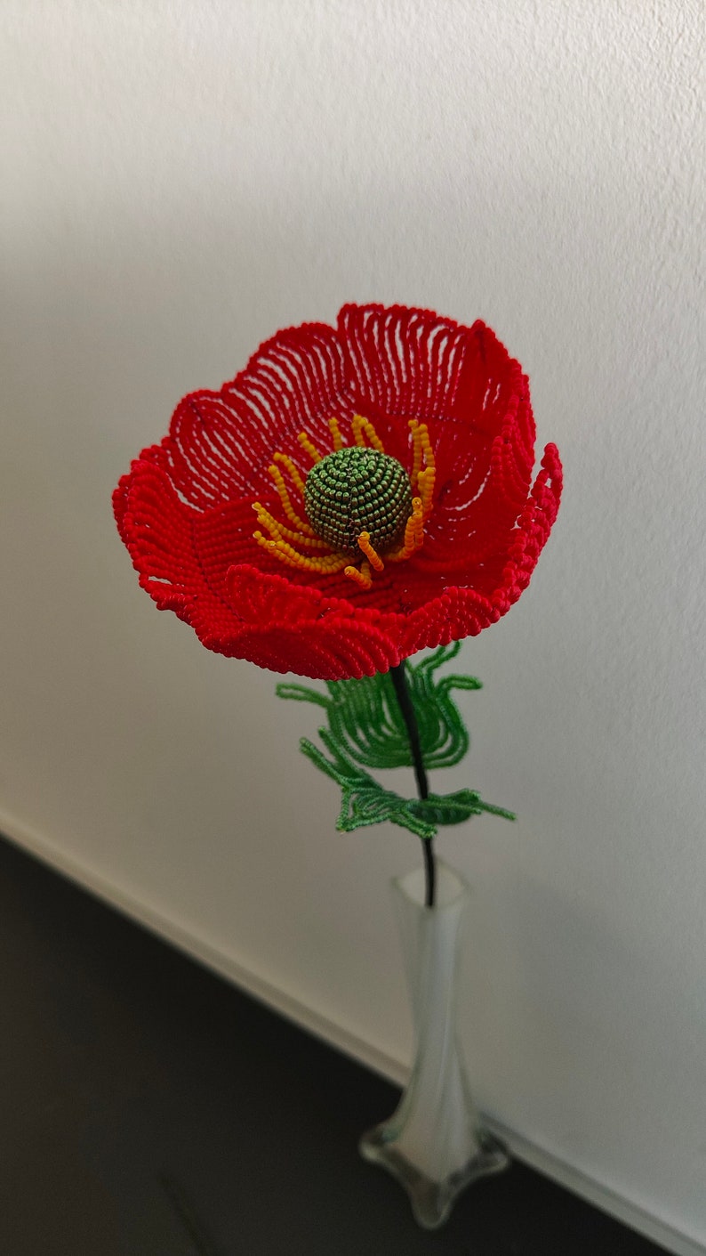 artificial poppies flower for vase flower for bouquet french beaded flowers Red