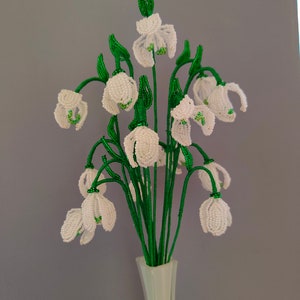 Può includere: Un mazzo di fiori di bucaneve perlati bianchi con steli verdi in un vaso bianco. I fiori sono disposti a grappolo e sono una rappresentazione realistica del fiore primaverile.