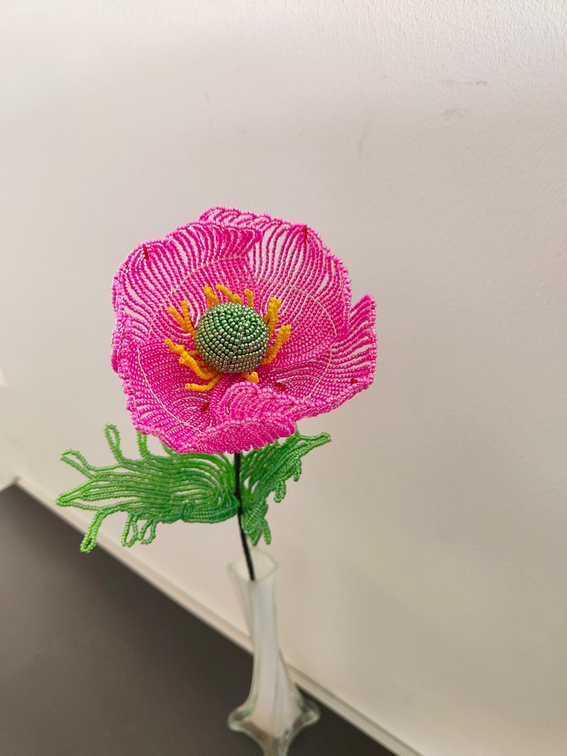 artificial poppies flower for vase flower for bouquet french beaded flowers Fuchsia