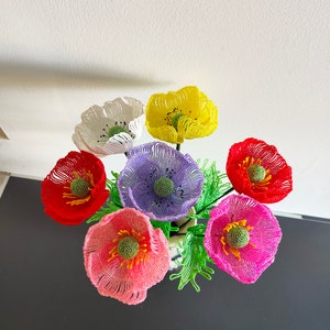 Flor de amapolas artificiales para florero, ramo de flores con cuentas francesas imagen 6