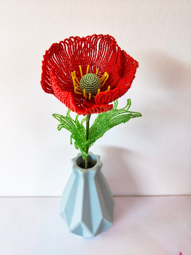 Flores de amapolas artificiales para jarrón, flores con cuentas francesas Red
