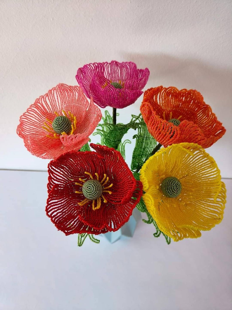 Flores de amapolas artificiales para jarrón, flores con cuentas francesas imagen 1