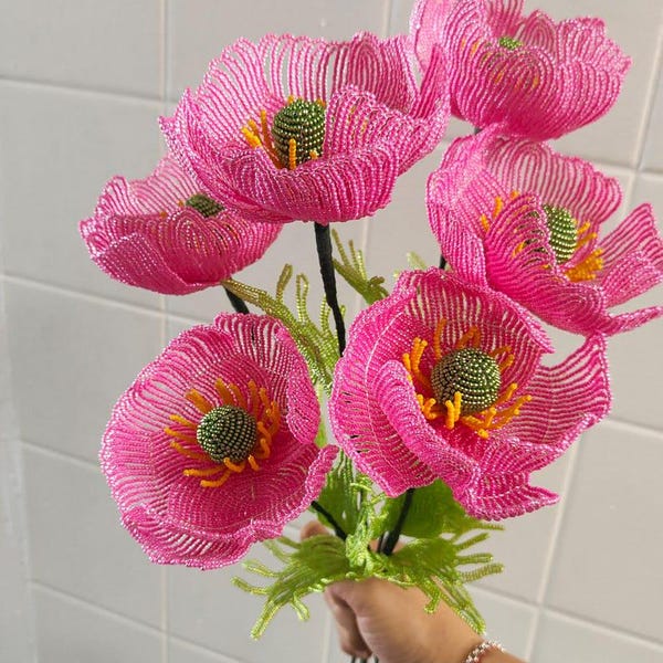 French Beaded Poppy Bouquet, Artificial Flowers