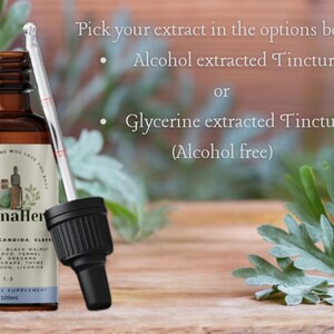 May include: A brown glass bottle with a dropper filled with a clear liquid. The bottle label reads "ArcanaHerb Parasite & Candida Clean" and lists ingredients including cat's claw, black walnut, pau d'arco, fennel, clove, oregano, Oregon grape, thyme, wormwood, and licorice. The bottle is labeled as a 1:3 herbal supplement and contains 200 ml. The text "Pick your extract in the options below" is visible above the bottle. The options are "Alcohol extracted Tincture" and "Glycerine extracted Tincture (Alcohol free)".