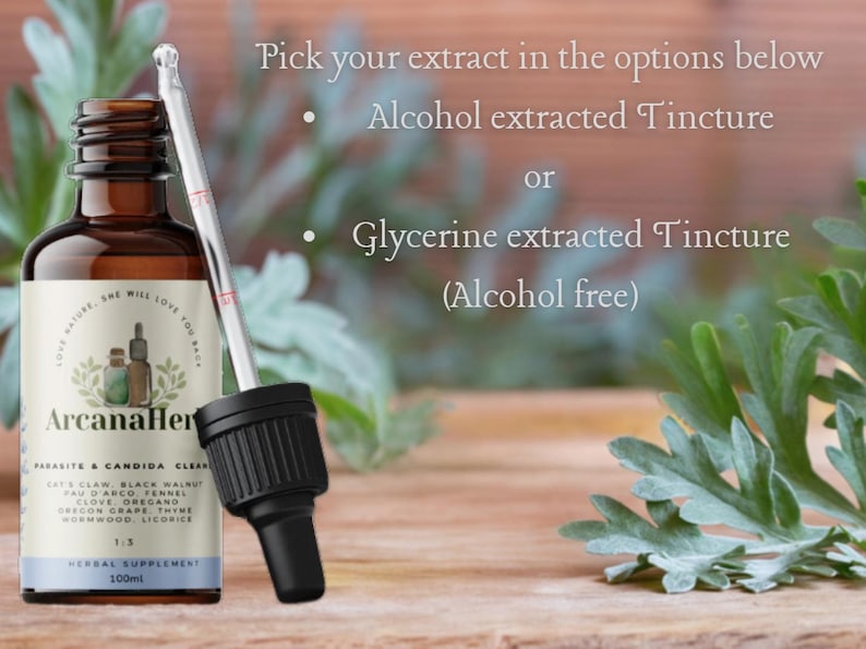 May include: A brown glass bottle with a dropper filled with a clear liquid. The bottle label reads "ArcanaHerb Parasite & Candida Clean" and lists ingredients including cat's claw, black walnut, pau d'arco, fennel, clove, oregano, Oregon grape, thyme, wormwood, and licorice. The bottle is labeled as a 1:3 herbal supplement and contains 200 ml. The text "Pick your extract in the options below" is visible above the bottle. The options are "Alcohol extracted Tincture" and "Glycerine extracted Tincture (Alcohol free)".