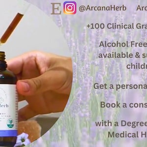 May include: A brown glass bottle with a dropper, labeled "ArcanaHerb Sleep Remedy",  with a lavender background. The text "+100 Clinical Grade Tinctures Alcohol Free Tinctures available & suitable for children Get a personalized Blend Book a consultation with a Degree qualified Medical Herbalist" is visible in the background.