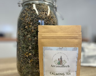 Calming Tea blend. Organic, Herbalist Crafted, . 25g, 50g, 100g. Damiana, motherwort, lavender, chamomile. Lemon balm.
