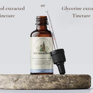 May include: A brown glass bottle with a dropper, labeled "ArcanaHerbs" and "Parasite & Candida Cleanse". The bottle is sitting on a gray stone surface. The text "Alcohol extracted Tincture" is above the bottle, and the text "Glycerine extracted Tincture" is to the right of the bottle.