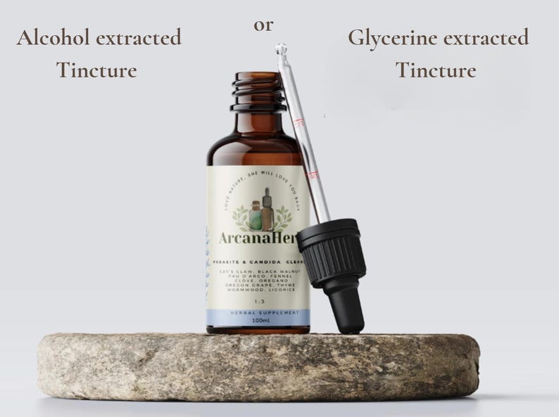 May include: A brown glass bottle with a dropper, labeled "ArcanaHerbs" and "Parasite & Candida Cleanse". The bottle is sitting on a gray stone surface. The text "Alcohol extracted Tincture" is above the bottle, and the text "Glycerine extracted Tincture" is to the right of the bottle.