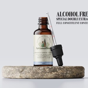 May include: A brown glass bottle with a dropper, labeled "ArcanaHerb" and "Parasite & Candida Cleanse". The bottle is on a round, gray stone surface. The text "Alcohol Free Special Double Extract Full Constituent Content" is written in black text on a white background.