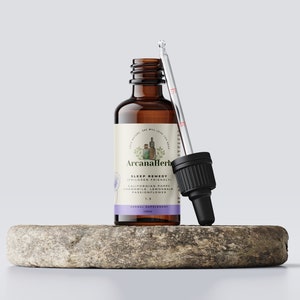 May include: A brown glass bottle with a dropper containing a sleep remedy. The bottle label reads "Sleep Remedy" and lists ingredients: "California Poppy, Chamomile, Lemon Balm, Passionflower". The label also says "Herbal Supplement" and "1 fl oz (30 ml)".