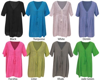 Ladies Italian V Neck Swing Top Quirky Plain Casual Shirt with Tassels Lagenlook Tunic Cotton Dress One Size (10-16) UK